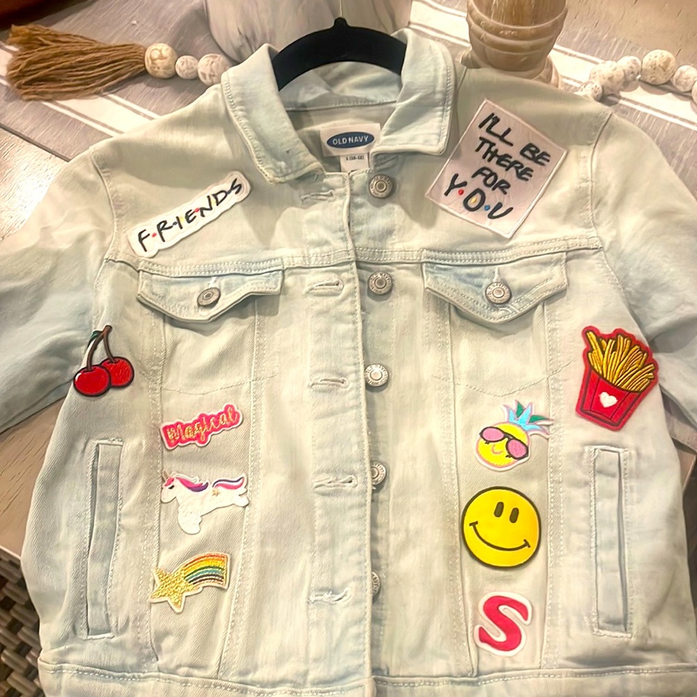 Denim jacket with patches girls size 10-12